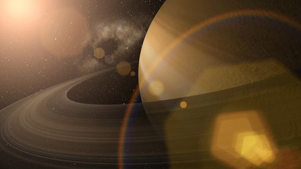 Giant gas planet Saturn and rings CG animation. Realistic 3D rendering of beautiful planet Saturn with rising sun. 