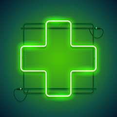 Pharmacy glowing neon sign with a green crosse makes it quick and easy to customize your medical project in neon style.