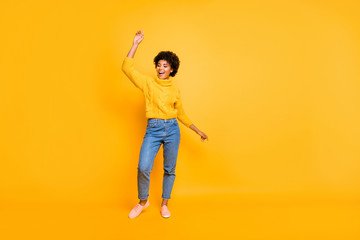 Poster - Full length body size view of nice attractive charming cheerful cheery wavy-haired girl having fun dancing party chill out isolated over bright vivid shine vibrant yellow color background