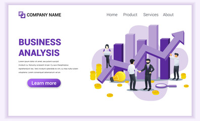 Fototapete - Business analysis with characters businessman came to an agreement and completed the deal with shaking hands. Can use for business analysis, banner, landing page,web template. Flat vector illustration