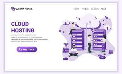 Poster - Modern flat design concept of Cloud Hosting services, digital storage, data center with characters. Can use for banner, mobile app, landing page, web design template. Flat vector illustration