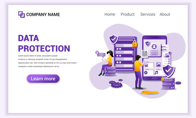 Poster - Modern flat design concept of Data Protection. A man and girl using Gadget Device on front Giant Phone. Can use for banner, mobile app, landing page, web design template. Flat vector illustration