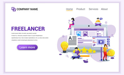 Poster - Modern flat design concept of Freelancer, blogger, content creator, copy writer with characters using device. Can use for banner, landing page, web design template. Flat vector illustration