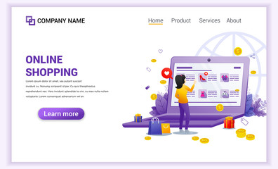 Wall Mural - Online shopping concept with giant mobile displaying store products and woman characters. Can use for mobile app template, landing page, web design, banner, advertising. Flat vector illustration