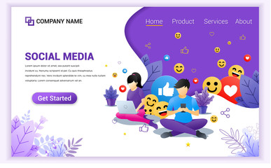 Poster - social media concept with young man and young girl sitting using mobile phone and laptop. can use fo