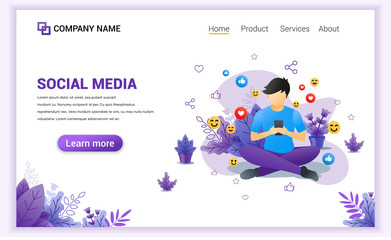 Poster - modern flat design concept of social media with a young man sitting using smartphone. can use for ba