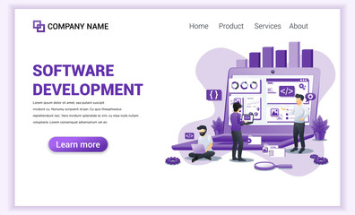 Poster - modern flat design concept of software development with characters on screen programming and coding.