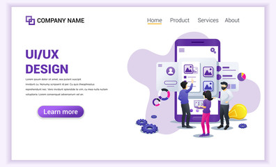 Poster - Modern flat design concept of UI UX design with characters and text place. Can use for banner, infographics, mobile app, landing page, web design template. Flat vector illustration