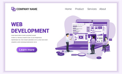 Poster - modern flat design concept of web development with characters on screen programming and coding. can 