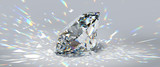 Fototapeta  - Round cut diamond on white background with colorful caustics rays.