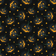 Seamless Halloween pattern with scary black pumpkins on black background for greeting card, gift box, wallpaper, fabric, web design.