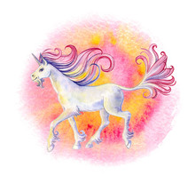 Walking Unicorn With Flowing Mane And Tail Against Of A Spiral Pink Background. Hand Drawn Watercolor Illustration