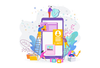 Tiny people are designing a mobile website.