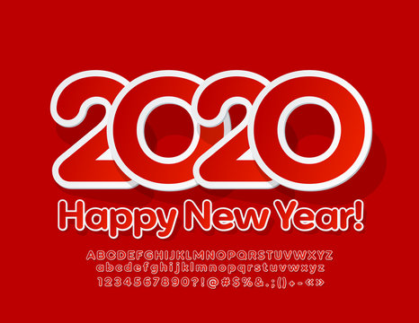 Vector bright Happy New Year 2020 Greeting Card for Kids. Red children set of Alphabet Letters and Numbers.