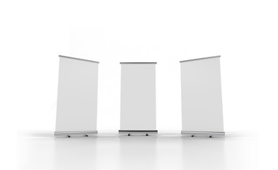 Wall Mural - 3D rendering of blank vertical rollup (empty billboard advertisement) isolated on white background. Empty mockup template