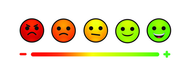 Feedback or rating scale with smiles representing various emotions arranged into horizontal row. Customer's review and evaluation of service or good. Colorful vector illustration in flat style