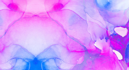  Fantasy light blue, pink and purple alcohol ink abstract background. Bright liquid watercolor paint splash texture effect illustration for card design, modern banners, ethereal graphic design.