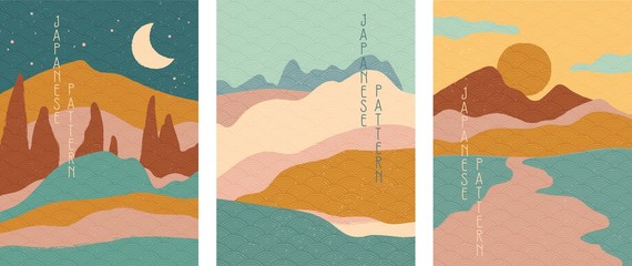 Triptych of simple stylised minimalist Japanese landscapes in muted colors, abstract elements. Vector illustration