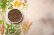 Special vegan pet food and natural raw ingredients on light grey background. Flat lay.