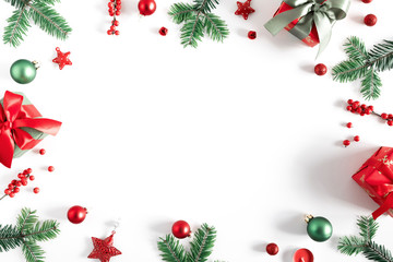 Wall Mural - christmas holiday composition. xmas gifts and decorations, berries, fir tree branches on white backg