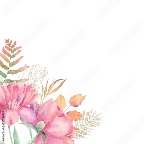 Watercolor floral card with autumn leaves, gold glitter elements and peonies....