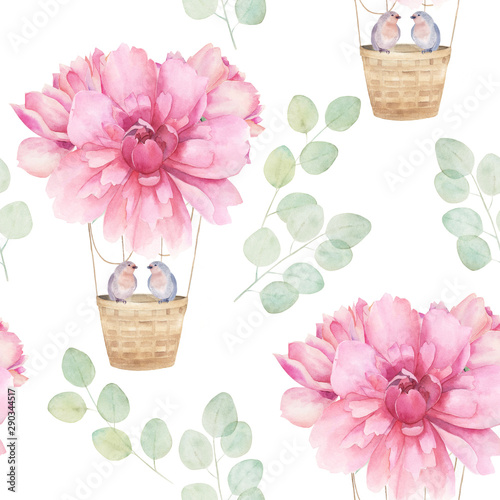 Watercolor seamless pattern. Aerostat ballon with pink peony and bird couple,...