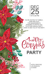 Merry Christmas party invitation and Happy New Year Party Invitation Card and poster Holiday design template Christmas decoration fir tree, poinsetia