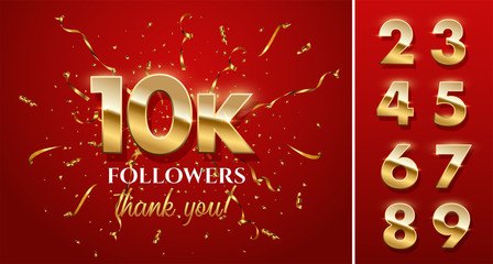 Wall Mural - 10k followers celebration vector banner with text and numbers set