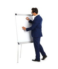 Wall Mural - Professional business trainer near flip chart on white background