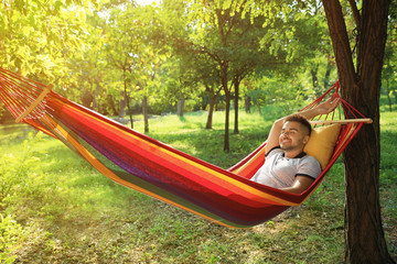 Wall Mural - Young man resting in comfortable hammock at green garden