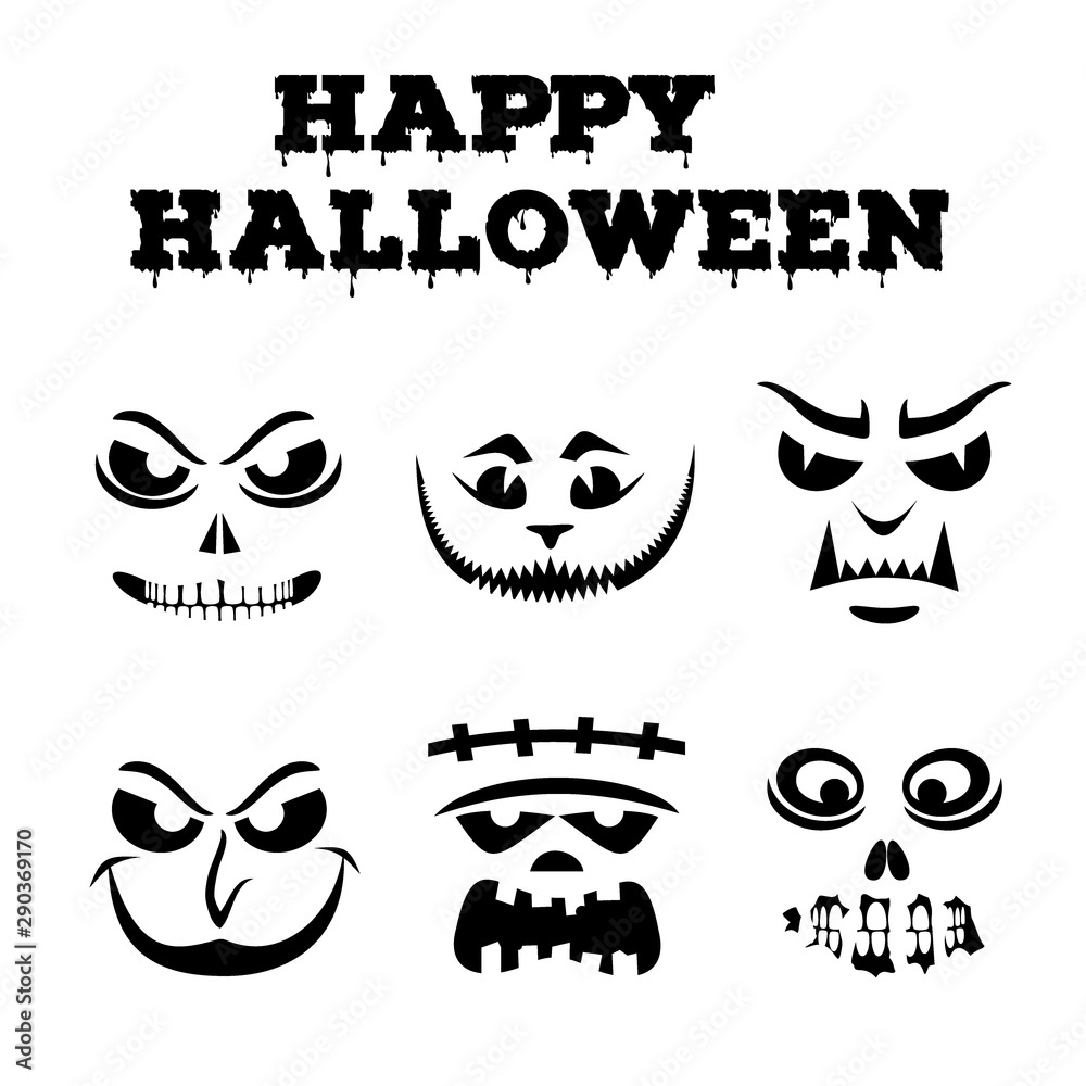 Collection of Halloween pumpkins carved faces silhouettes. Black and ...
