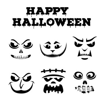 Collection of Halloween pumpkins carved faces silhouettes. Black and white images. Template with variety of eyes, mouths , noses for cut out jack o lantern. Funny monsters stencil set. Vector art