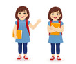Smiling school girl with book and backpack waving hand isolated vector illustration