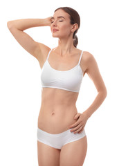 Poster - Beautiful woman in underwear on white background