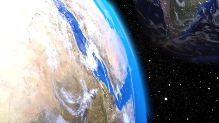 Poster - Computer generation futuristic composition Earth orbit in outer space. Close-up celestial bodies against the backdrop of many stars. 3D rendering elements of this image furnished by NASA