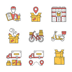 Sticker - Delivery yellow color icons set. Parcel tracking, post office, cardboard box, order packing. Heavy goods shipping truck. Scooter, bicycle delivery. Isolated vector illustrations