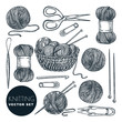 Knitting tools, wool yarn, isolated on white background. Vector sketch illustration. Handmade needlework design elements