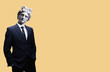 Modern art collage. Concept portrait of a  businessman pointing finger .Gypsum head of of Apollo. Man in suit.