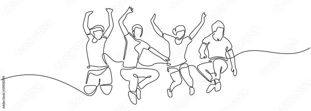 Group of people jump looks happy and enjoying their life continuous one line drawing minimalism design. Vector illustration simplicity conceptual metaphor design. - obrazy, fototapety, plakaty 