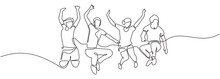 Group Of People Jump Looks Happy And Enjoying Their Life Continuous One Line Drawing Minimalism Design. Vector Illustration Simplicity Conceptual Metaphor Design.
