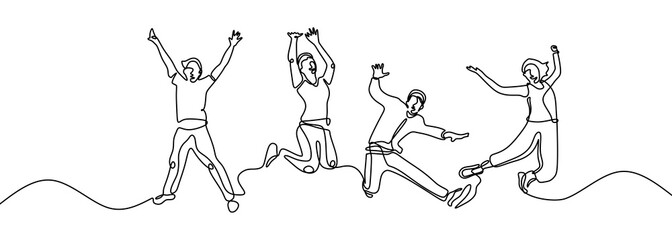 Wall Mural - Continuous line drawing of four jumping happy people. Team members jump enjoying their life metaphor of freedom, celebration, and cheering vector illustration. Friendship one single hand drawn.