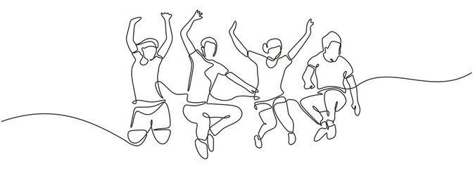 Wall Mural - Group of people jump looks happy and enjoying their life continuous one line drawing minimalism design. Vector illustration simplicity conceptual metaphor design.