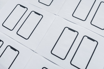 UX mobile application wireframe. Sketch, prototype, framework, layout future app design project. UI/UX - user interface and user experience designer. Creative concept for smartphone. App development
