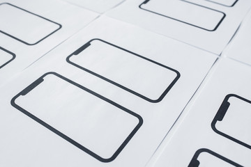 UX mobile application wireframe. Sketch, prototype, framework, layout future app design project. UI/UX - user interface and user experience designer. Creative concept for smartphone. App development