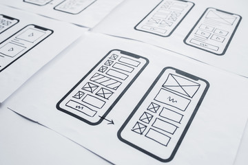 UX mobile application wireframe. Sketch, prototype, framework, layout future app design project. UI/UX - user interface and user experience designer. Creative concept for smartphone. App development
