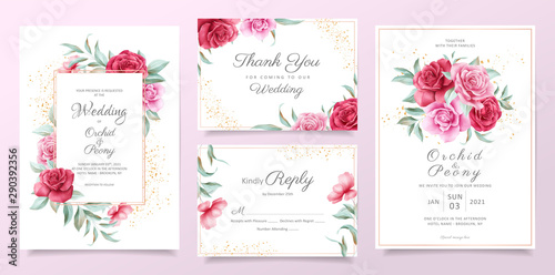 Floral Wedding Invitation Card Template Set With Red And Purple Roses Leaves And Golden Decorative Botanical Card Background Bundle Buy This Stock Vector And Explore Similar Vectors At Adobe Stock,Drawing Perfume Bottle Design Concept