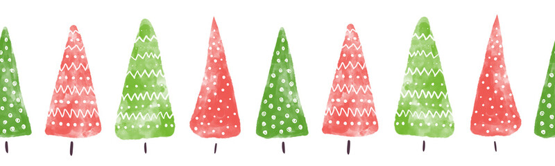 Seamless border Christmas trees hand drawn watercolor. Decorative green red hand painted repeating Winter holiday design for Christmas decoration, banners, ribbons, greeting card, digital scrapbooking