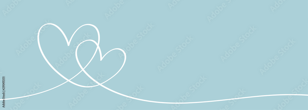 Romantic continuous line drawing of love sign with two hearts embracing symbol. Vector illustration minimalism design on blue pastel color. - obrazy, fototapety, plakaty 
