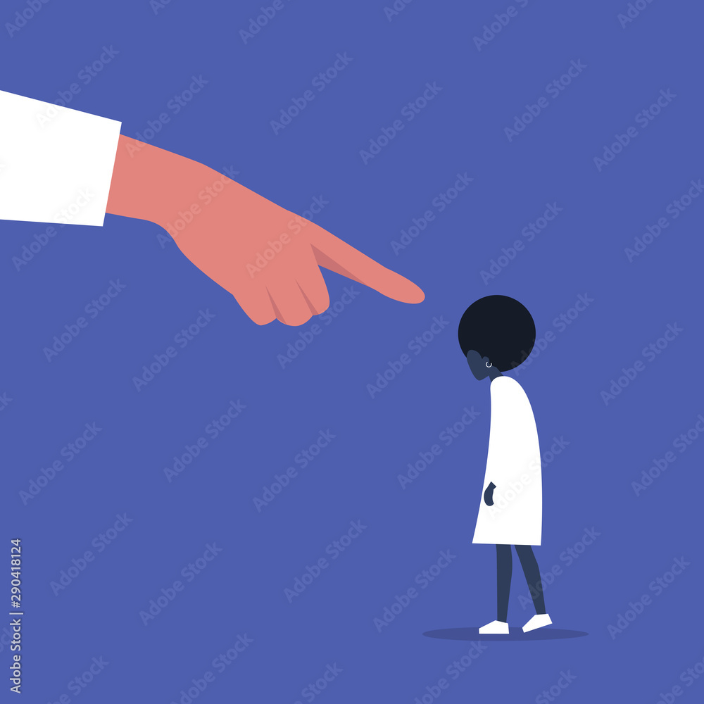 Guilt. Bullying. Victim blaming. Pointing finger. Young depressed black female character. Emotions. Flat editable vector concept. Clip art
