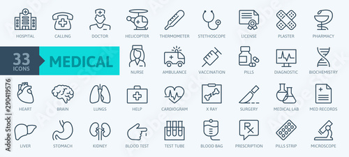 Cuadros en Lienzo Medicine and Health symbols - minimal thin line web icon set
